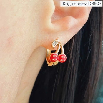 Сережки кільця "Черешеньки" з камінцями та Червоною емаллю, діаметр 1,5см, Xuping 18К