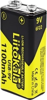 Аккумулятор LiitoKala USB-9V/1100mAh, крона, Type-C выход,Li-ion Rechargeable Battery, Charging current: 300mAh, 48mm x 26mm x 16mm (YT44350)