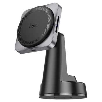 Автодержатель с беспроводной зарядкой MagSafe Hoco HW16 Speed 15W Magnetic Car Holder в авто на торпедо и стекло Черный