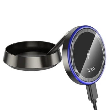 Автодержатель с беспроводной зарядкой MagSafe Hoco HW33 Metal Ring 15W Magnetic Car Holder в авто на торпедо Черный