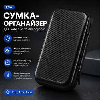 Сумка-органайзер EVA з блискавкою — чорний кейс для кабелів та аксесуарів 20×10×4 см