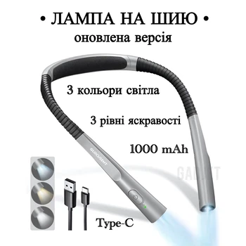 Оновлена версія лампа акумуляторна бездротова Glocusent на шию для читання книг, в’язання 1800K, 3300K, 6000K, Type-C, Grey (2122464)