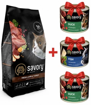 Сухий і вологий корм Savory Сейворі для котів з чутливим травленням 2 кг + 3 консерви в подарунок (4820232630082)