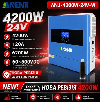 Гібридний сонячний інвертор 4200W ANENJI 2026 (пікова потужність 6200W) 24V 27А два AC-виходи та вбудований WiFi