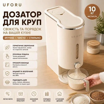 Дозатор / Диспенсер для круп на 10 кг, контейнер для рису, гречки з кнопкою для дозування та мірною чашею органайзер для сипучих круп на кухню