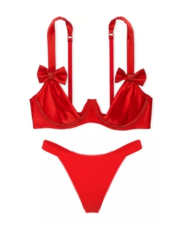 Атласный комплект белья Victoria's Secret бюст-балконет и трусики тонг с помпонами 1159864487 (Красный S)