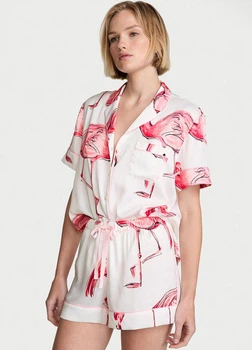 Пижама Victoria's Secret Signature Satin Short Pajama Set M белый с фламинго