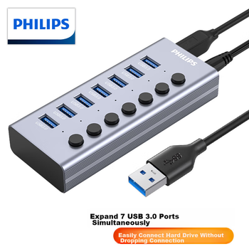 USB-концентратор PHILIPS 3.0, высокоскоростное расширение для ноутбуков и клавиатур/мышей, 7-портовый концентратор с адаптером питания 12 В 2 А.