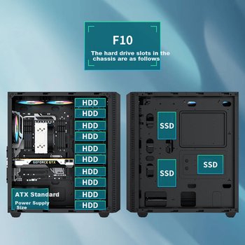Корпус для настольного компьютера PADO F10 Black с несколькими отсеками для жестких дисков (13 отсеков для жестких дисков, NAS/с кронштейнами на 10 жестких дисков/поддерживает материнские платы ATX)