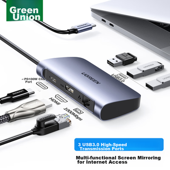 Док-станция расширения UGREEN Type-C, разветвитель USB-C, сетевой адаптер, универсальный для iPad, Apple 16/17, MacBook, ноутбуков, преобразователь HDMI Thunderbolt 4, зарядное устройство.