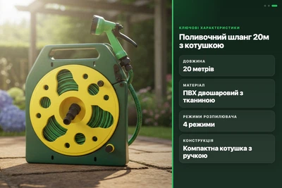 Шланг поливочный BSM 20м с катушкой и распылителем 4 режима плоский ПВХ зеленый