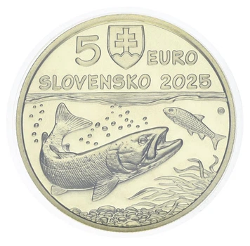 Монета Словакия 5 евро 2025 UNC Флора и фауна Словакии - Дунайский лосось