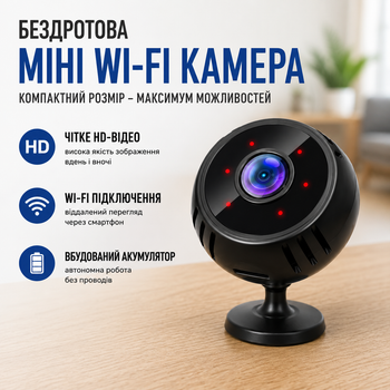 Беспроводная мини Wi-Fi камера для дома офиса авто с подставкой и аккумулятором маленькая портативная HD