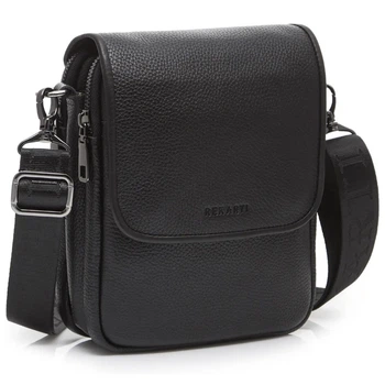 Мужская кожаная сумка через плечо Tiding Bag TD-23433 — вместительный мессенджер с клапаном, 3 отделения, барсетка 24×20×6 черная