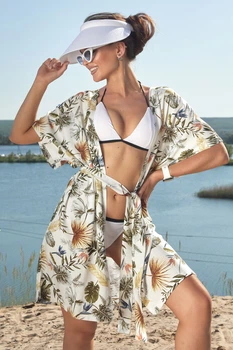 Жіноча пляжна туніка з льону з рослинним принтом Seventeen L-XL Білий (2000000150857)