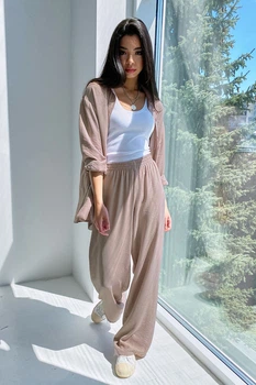 Жіночий костюм з турецького котону з сорочкою та брюками Seventeen L-XL Капучино (2000000167350)