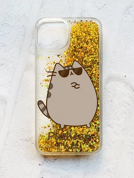 Чехол с плавающими золотыми блестками на iPhone 14 Пушин кот (принт 424)