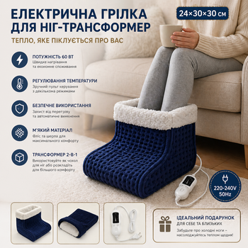 Электрическая грелка для ног 2-в-1 трансформер 24х30х30см 60Вт: 9 режимов тепла, таймер, мягкий флис и шерпа (Синяя)