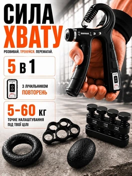 Еспандери набір кистьових еспандерів 5 в 1 тренажер для рук кисті сили хвату пальців передпліччя з лічильником пружинний регульований силовий з регулюванням навантаження 60 кг для тренування реабілітації відновлення після травм зміцнення м’язів Art Planet