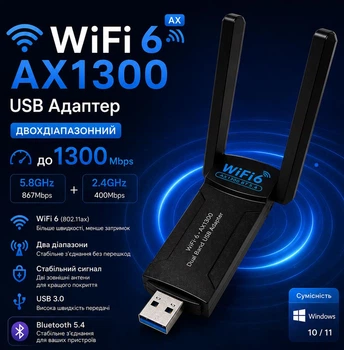 Bluetooth 5.4 + WIFI6 AX1300 адаптер SmartG Universal USB 2 антенны