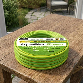 Армированный садовый шланг для полива 12 м многослойный 3 слоя из ПВХ 2Е AquaFlex Green 1/2″ Трехслойный шланг для сада и дачи давление до 5 бар Зеленый с желтой полоской