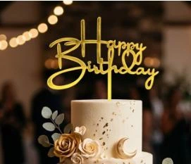 Топпер Золото з написом Happy birthday акриловий дзеркальний для десертів