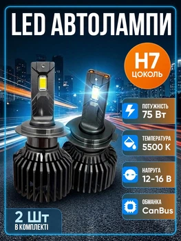 Автолампи світлодіодні H7 75W 5500K лед лампи з драйвером та обманкою canbus у фари автомобіля ближнє або дальнє світло в машину комплект 2шт охолодження вентилятором заміна галогену PX26d ш7 автомобільні лампочки MICHI led Can Bus