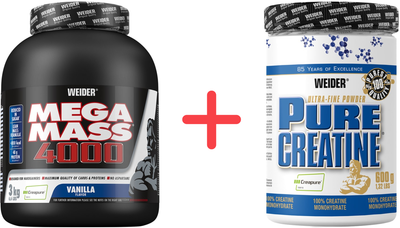 Набор Weider Креатин Pure Creatine Powder 600 г Monohydrate Creapure + Гейнер Mega Mass 4000 3 кг Ваниль Mass Gainer (4044782317112/4044782325353)