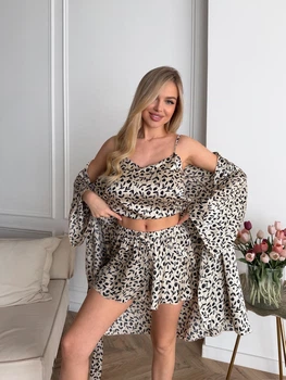 Пижама женская тройка халат майка шорты Priscilla Collection S-M мокко