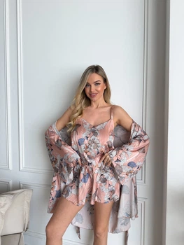 Пижама женская тройка халат майка шорты Priscilla Collection S-M пудра