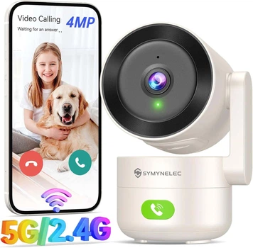 Внутренняя Wi-Fi камера SYMYNELEC 5 ГГц/2,4 ГГц, разрешение 2K, 4 МП, обзор 360°, обнаружение движения, ночное видение, двусторонняя аудиосвязь, совместимость с Alexa.