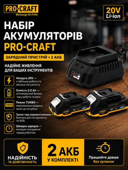 Набор аккумуляторы 2шт и зарядное устройство для электроинструментов 20V 2Ач Li-Ion Turbo Procraft аккумуляторная батарея с индикатором заряда для пилы, секатора, кустореза, шуруповерта, триммера для травы