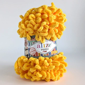 Пряжа Alize Puffy Fine №216 желтый, для вязания руками, малые петли
