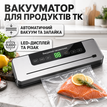 Вакууматор для продуктов TK автоматический 120 Вт 300 мм для сухих и влажных продуктов с резаком LED-дисплеем серый серебристый