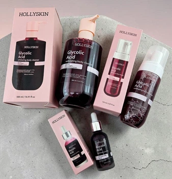 Набір для пілінгу та оновлення шкіри обличчя і тіла HOLLYSKIN Glycolic Acid 3 в 1: пілінг-сироватка, пінка та гель