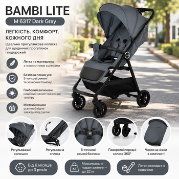 Дитяча прогулянкова коляска BAMBI LITE (M 6317 Dark Gray)