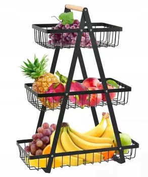 Настільна триярусна фруктівниця Triple Fruit Basket, металева корзина для фруктів та овочів з дерев’яною ручкою, чорна