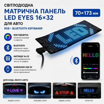 Светодиодная матричная панель LED EYES 16×32 для авто 70×173 мм RGB с Bluetooth управлением