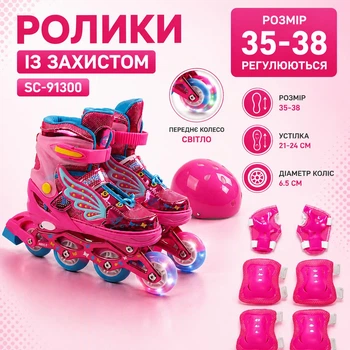 Ролики із захистом SC-91300 розмір 35-38 устілка 21-24 см d коліс 6.5 см Рожевий (i7-170003)