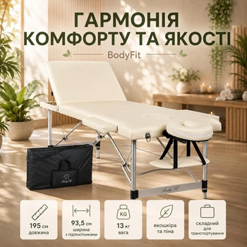Массажный стол 3-секции 70см BodyFit XXL, алюминиевая рама, регулируемая высота, кушетка - Бежевый