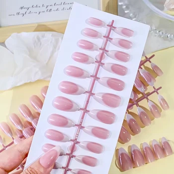 Камуфлирующие гелевые типсы френч для наращивания ногтей 24 шт (Nude Glossy Миндаль)