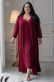 Комплект длинный с кружевом батал Км1230н Марсала, 3XL