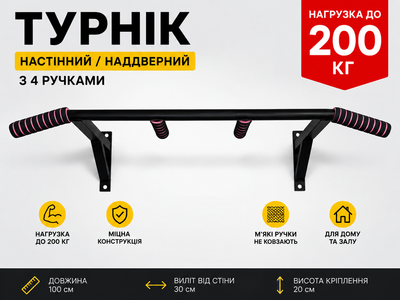 Турнік настінний SAB наддверний з 4 ручками, для підтягувань широкий і вузький хват, до 200 кг, домашній тренажер
