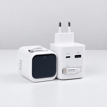 Зарядка портативная 70W GaN с Цифровым Дисплеем, Выдвижным Кабелем Type-C и Сменной Вилкой Белый