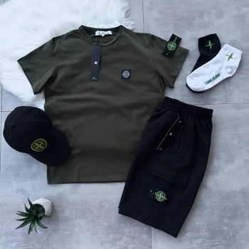 Костюм Stone Island футболка шорти кепка чорні 2 пари носків хакі XL