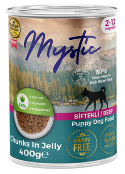 Влажная корма Mystic для щенков кусочки говядины в желе 400г конс.