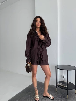 Жіночий літній костюм з воланами (блуза+шорти) Uaclothes 46 Коричневий (like38128-185601350)