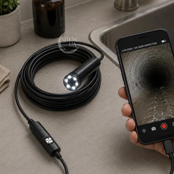 Эндоскоп USB 5 м для Android-смартфона и ПК, инспекционная камера для труб и труднодоступных мест с LED подсветкой и гибким кабелем, магнитным крючком и зеркалом Черный, DNA-2628