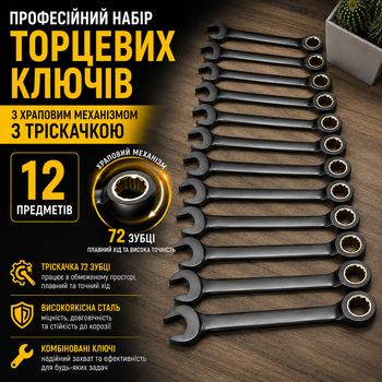 Профессиональный набор торцевых ключей с храповым механизмом комбинированных с трещоткой 12 предметов
