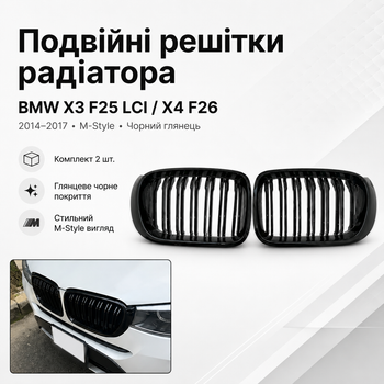 Подвійні решітки радіатора BMW X3 F25 LCI X4 F26 2014-2017 M-Style чорний глянець
